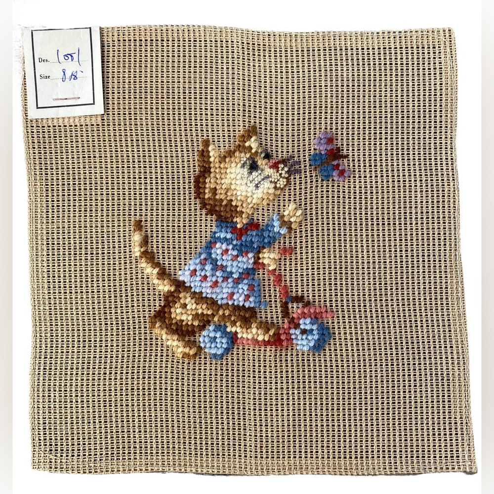 Tiger Kitty cat on a scooter VTG NOS Dritz Luxury PreWorked Needlepoint